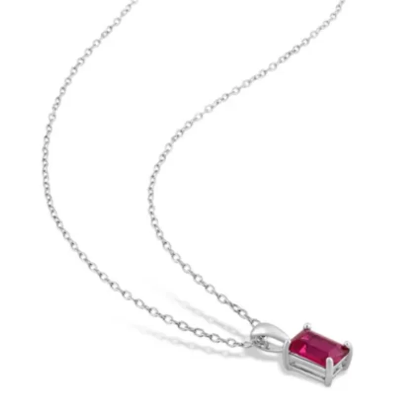 Lab Created Created Ruby Solitaire Classic Basket Setting Pendant with Chain in Sterling Silver