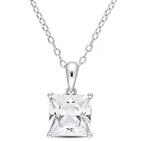 Lab Created Created White Sapphire Solitaire Design Pendant with Chain in Sterling Silver