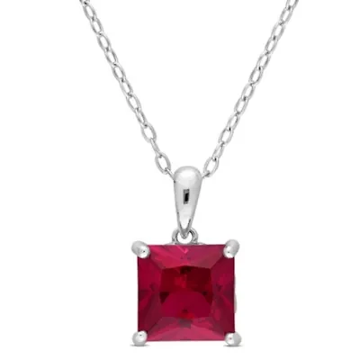 Lab Created Created Ruby Solitaire Design Pendant with Chain in Sterling Silver