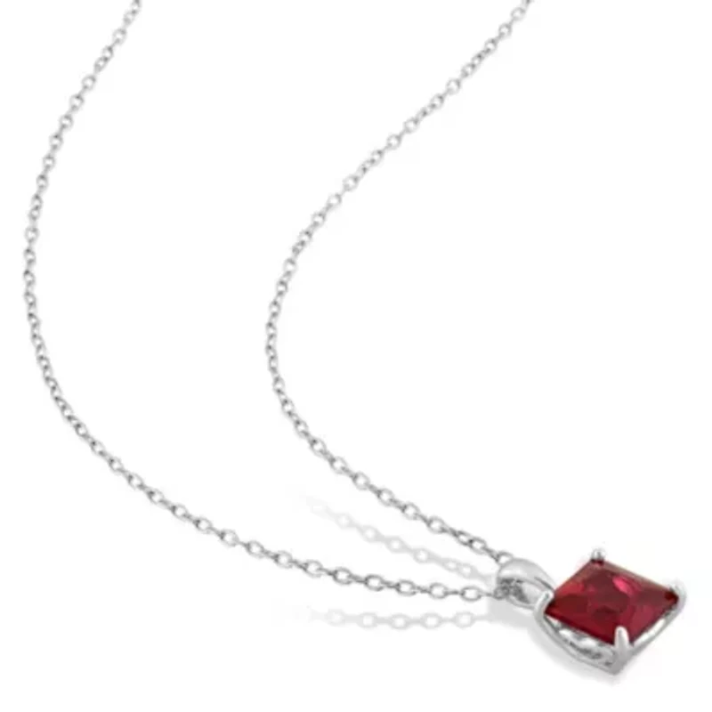 Lab Created Created Ruby Solitaire Design Pendant with Chain in Sterling Silver