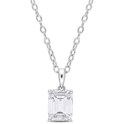 Lab Created Created White Sapphire Solitaire Design Pendant with Chain in Sterling Silver