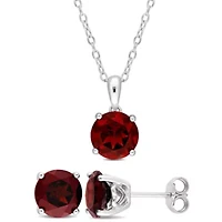 Garnet Solitaire Pendant with Chain and Stud Earrings 2-Piece Set in Sterling Silver