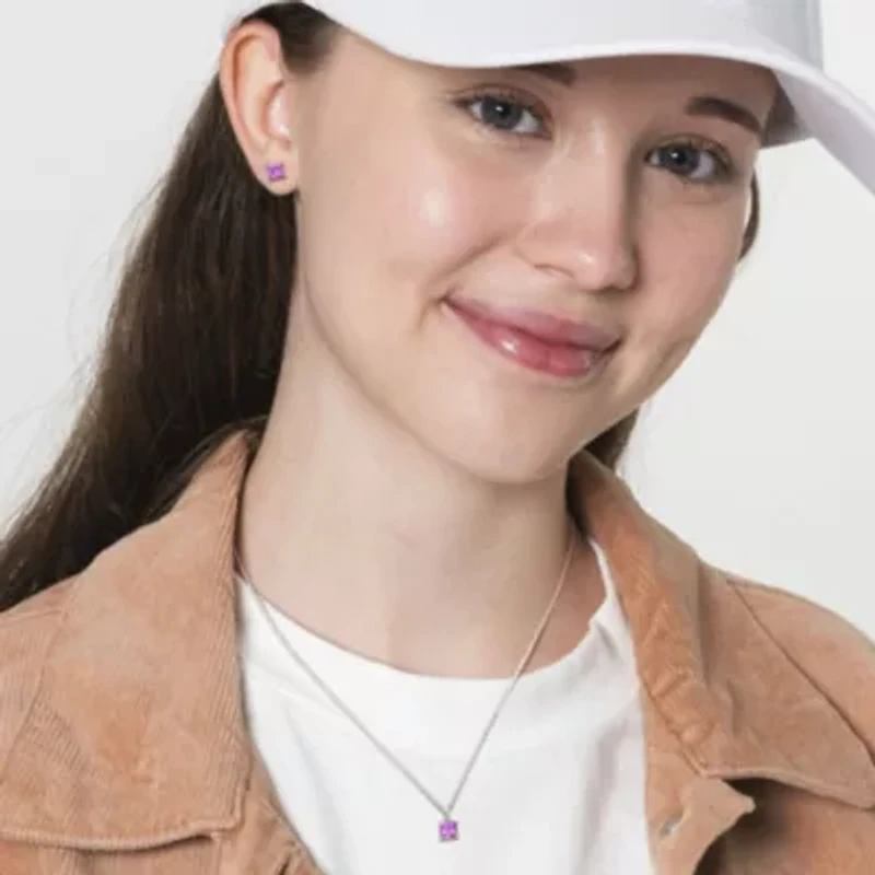 Amethyst Solitaire Pendant with Chain and Stud Earrings 2-Piece Set in Sterling Silver