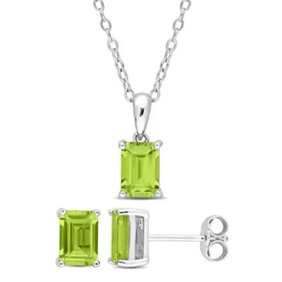 Peridot Solitaire Pendant with Chain and Stud Earrings 2-Piece Set in Sterling Silver