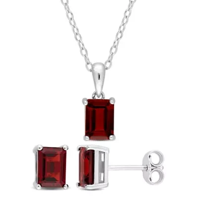 Garnet Solitaire Pendant with Chain and Stud Earrings 2-Piece Set in Sterling Silver