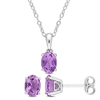 Amethyst Solitaire Pendant with Chain and Stud Earrings 2-Piece Set in Sterling Silver
