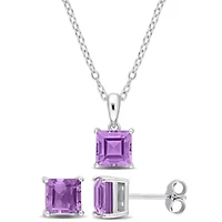Amethyst Solitaire Pendant with Chain and Stud Earrings 2-Piece Set in Sterling Silver