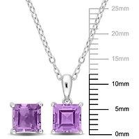 Amethyst Solitaire Pendant with Chain and Stud Earrings 2-Piece Set in Sterling Silver