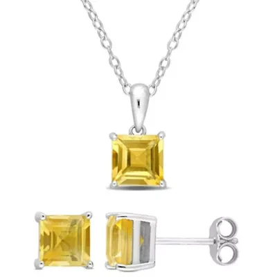 Citrine Solitaire Pendant with Chain and Stud Earrings 2-Piece Set in Sterling Silver