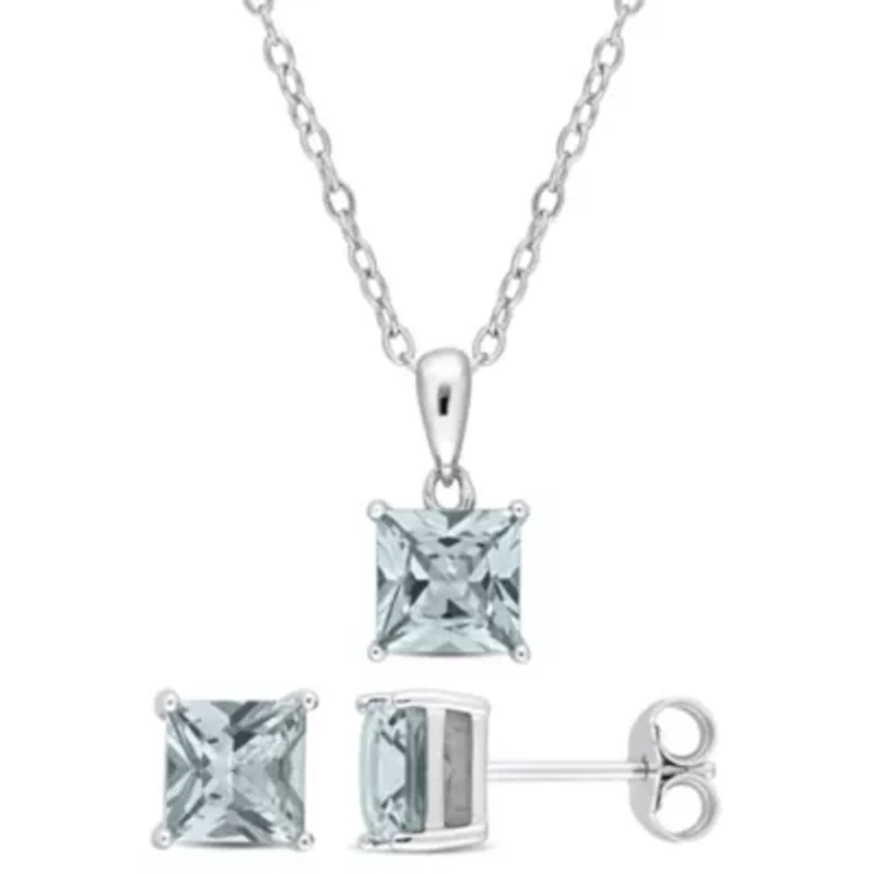 Synthetic Spinel (Aquamarine) Pendant with Chain and Earrings 2-Piece Set in Sterling Silver