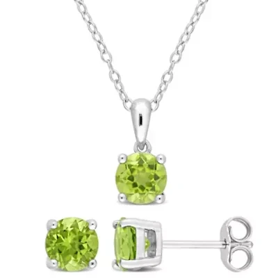 Peridot Solitaire Pendant with Chain and Stud Earrings 2-Piece Set in Sterling Silver