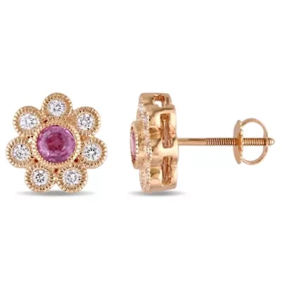 Pink Sapphire and 3/8 ct. t.w. Diamond Flower Stud Earrings in 14K Rose Gold