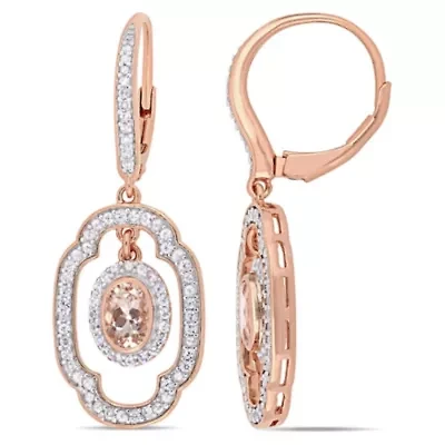Morganite and White Sapphire with 1/10 ct. t.w. Diamond Dangle Earrings in Rose Plated Sterling Silver