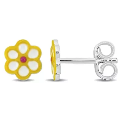 Children Yellow Enamel Flower Stud Earrings in Sterling Silver