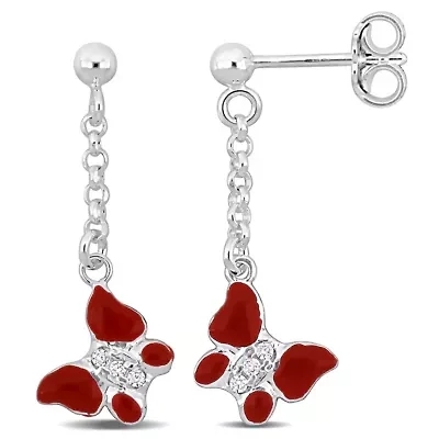 Children Red Enamel Butterfly with Cubic Zirconia Accent Drop Earrings in Sterling silver