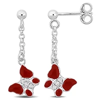 Children Red Enamel Butterfly with Cubic Zirconia Accent Drop Earrings in Sterling silver