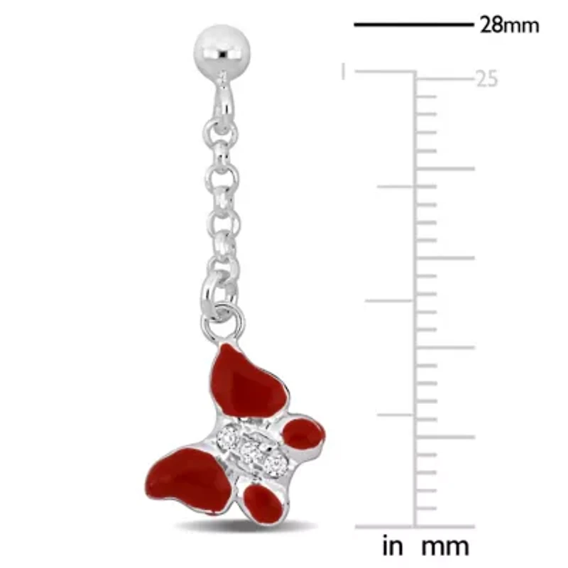 Children Red Enamel Butterfly with Cubic Zirconia Accent Drop Earrings in Sterling silver