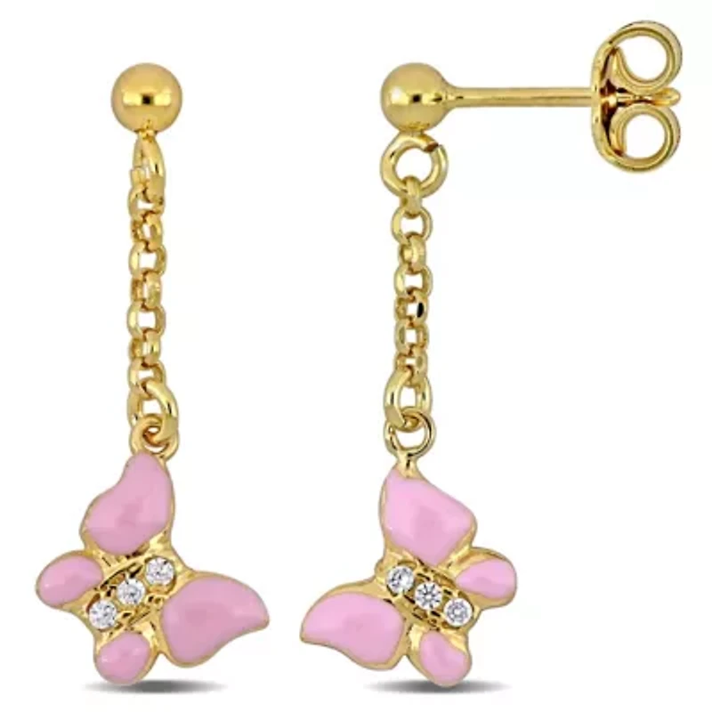 Children Cubic Zirconia Pink Enamel Butterfly Drop Earrings in Sterling Silver