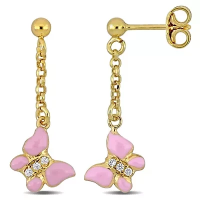Children Cubic Zirconia Pink Enamel Butterfly Drop Earrings in Sterling Silver