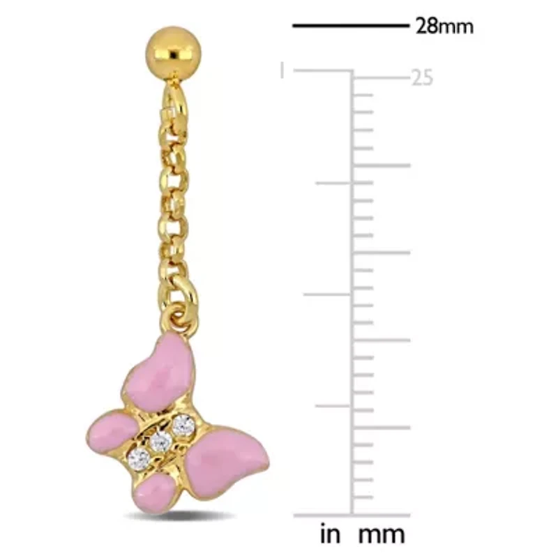Children Cubic Zirconia Pink Enamel Butterfly Drop Earrings in Sterling Silver