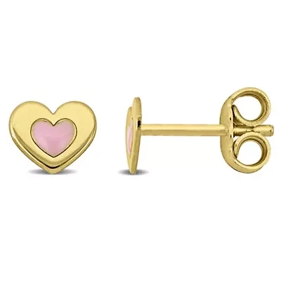 Children Pink Enamel Heart Stud Earrings in Yellow Plated Sterling Silver