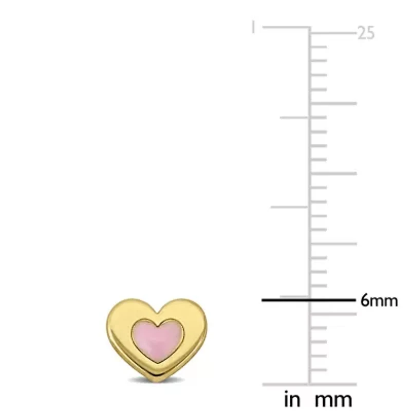 Children Pink Enamel Heart Stud Earrings in Yellow Plated Sterling Silver