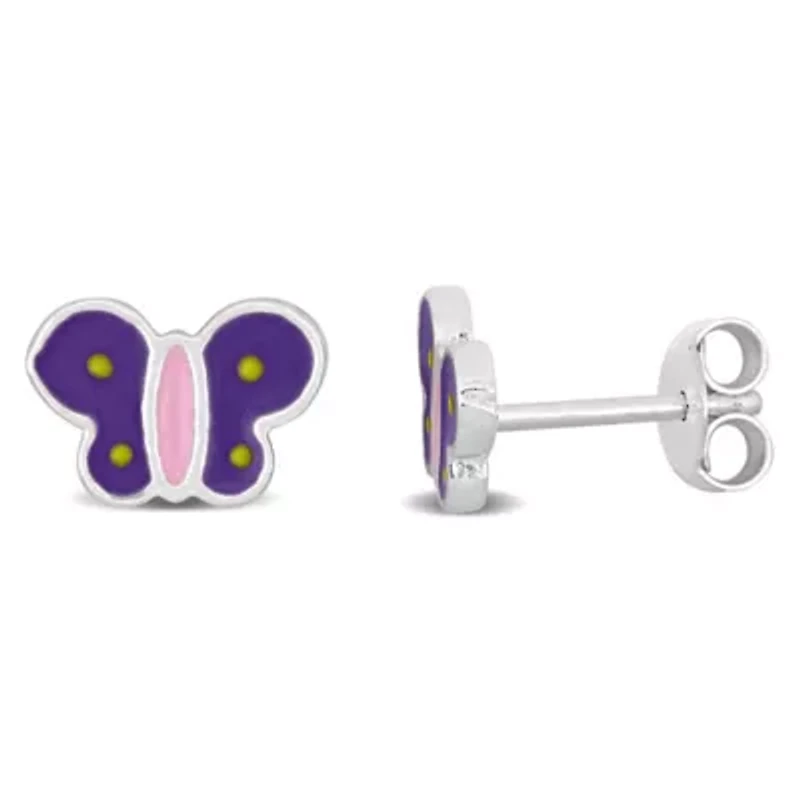 Children Purple & Pink Enamel Butterfly Stud Earrings in Sterling Silver