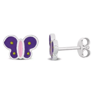 Children Purple & Pink Enamel Butterfly Stud Earrings in Sterling Silver