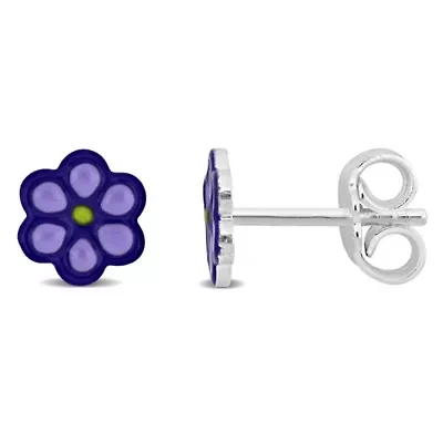 Children Purple Enamel Flower Stud Earrings in Sterling Silver