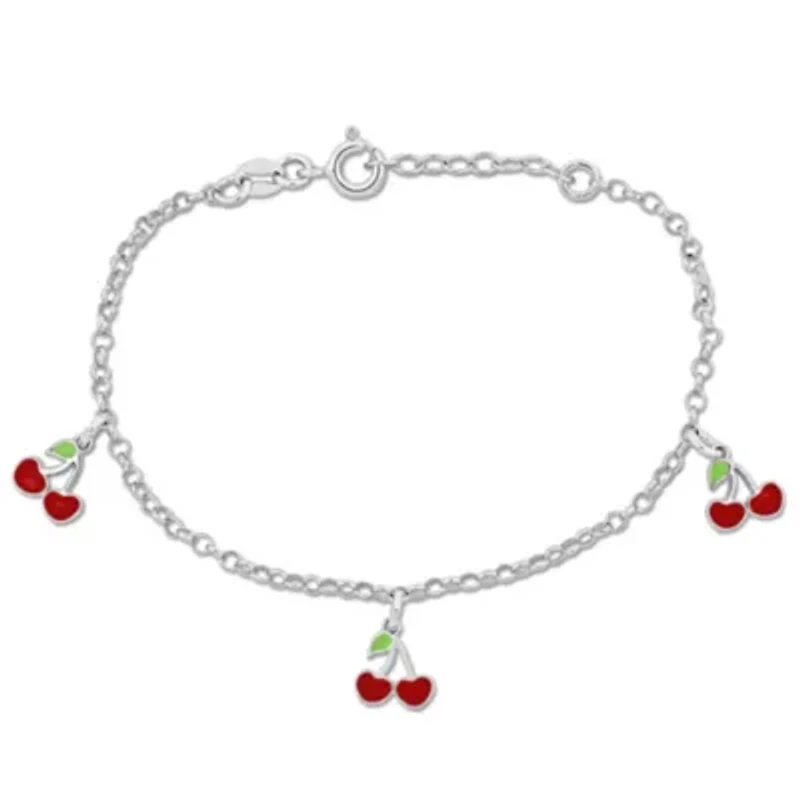 Children White and Red Enamel Cherry Charm Bracelet in Sterling Silver
