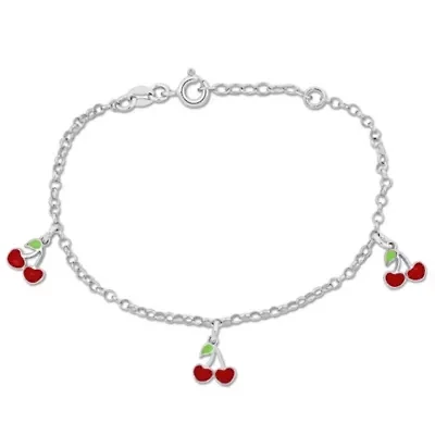 Children White and Red Enamel Cherry Charm Bracelet in Sterling Silver
