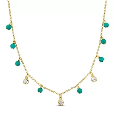 Cubic Zirconia and Turquoise Color Bead Necklace Yellow Plated Sterling Silver
