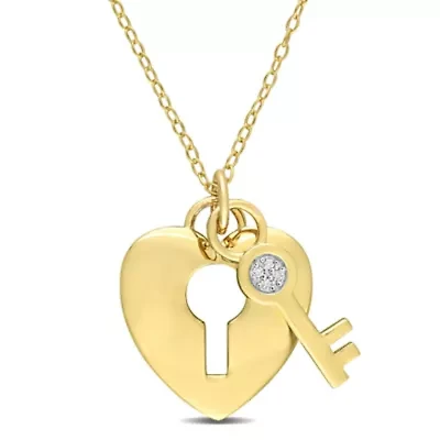 Diamond Accent Lock & Key Heart Charm Pendant with Chain in Yellow Plated Sterling Silver - 18 in