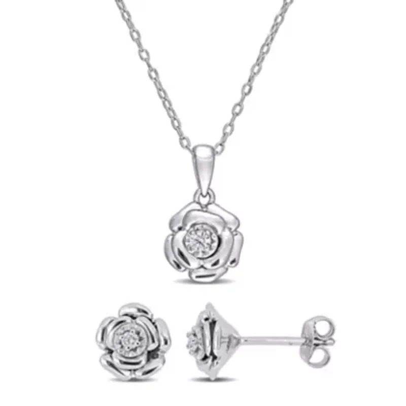 2-Pc Set of 1/10 ct. t.w. Diamond Flower Post Earrings & Pendant with Chain in Sterling Silver