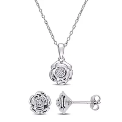 2-Pc Set of 1/10 ct. t.w. Diamond Flower Post Earrings & Pendant with Chain in Sterling Silver