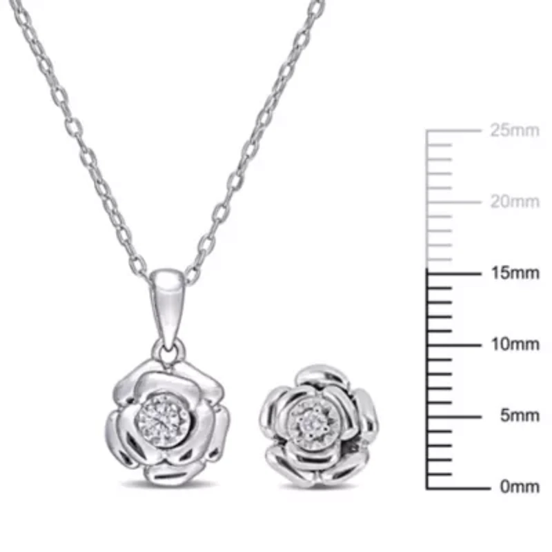2-Pc Set of 1/10 ct. t.w. Diamond Flower Post Earrings & Pendant with Chain in Sterling Silver