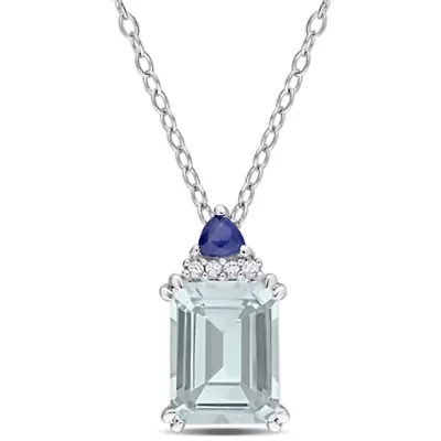 Diamond Accent & Blue Sapphire & Aquamarine Pendant With Chain in Sterling Silver- 18"