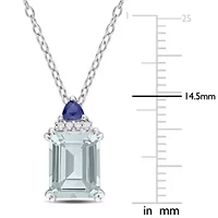 Diamond Accent & Blue Sapphire & Aquamarine Pendant With Chain in Sterling Silver- 18"