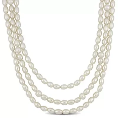 5-7.5mm Freshwater Cultured Pearl 3-Strand Necklace in Sterling Silver