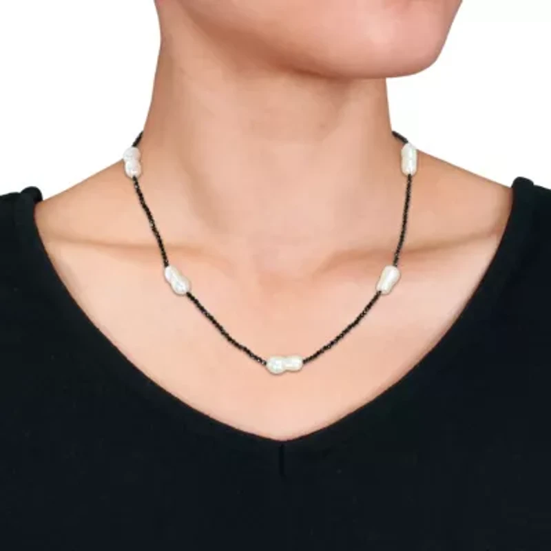 12-14mm Freshwater Cultured Pearl and Black Spinel Beads Necklace with Sterling Silver Lobster clasp