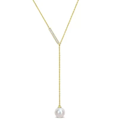 8-8.5MM Freshwater Cultured Pearl and Diamondd Accent Lariat Necklace in 10K Yellow Gold
