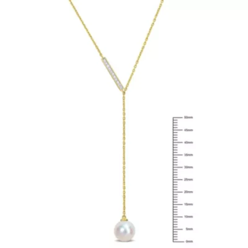 8-8.5MM Freshwater Cultured Pearl and Diamondd Accent Lariat Necklace in 10K Yellow Gold