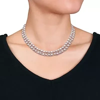 3-Pcs Set of 6-8MM Pink Freshwater Culuted Pearl Double Strand Necklace, Bracelet and Stud Earrings in Sterling Silver