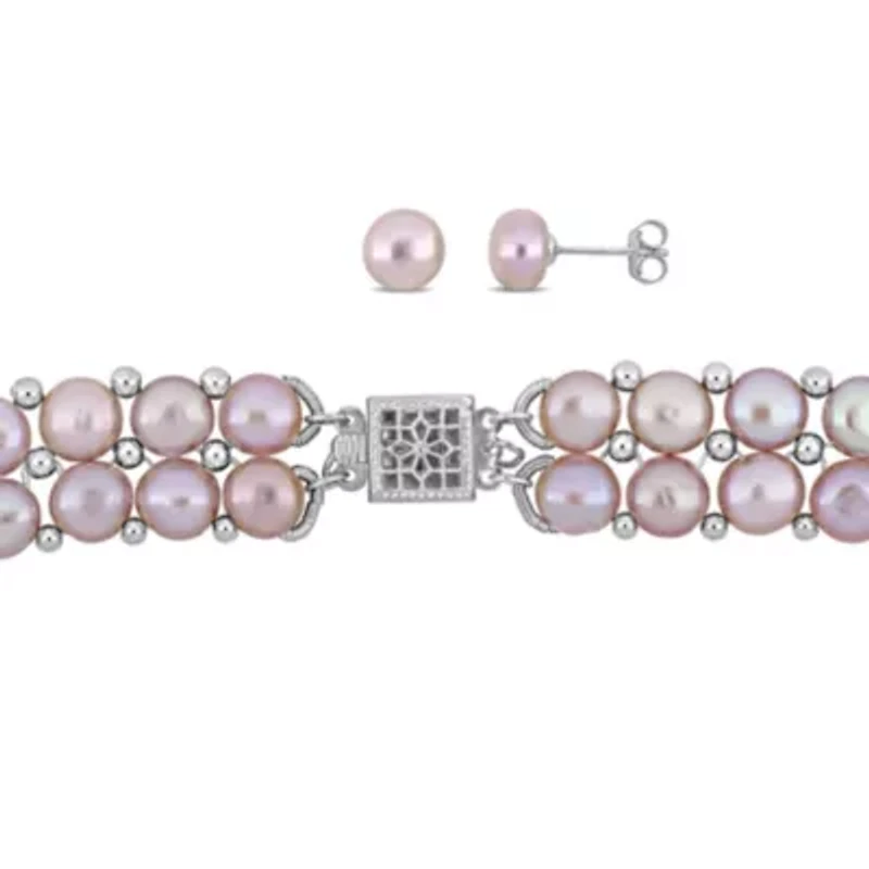 3-Pcs Set of 6-8MM Pink Freshwater Culuted Pearl Double Strand Necklace, Bracelet and Stud Earrings in Sterling Silver