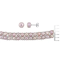 3-Pcs Set of 6-8MM Pink Freshwater Culuted Pearl Double Strand Necklace, Bracelet and Stud Earrings in Sterling Silver