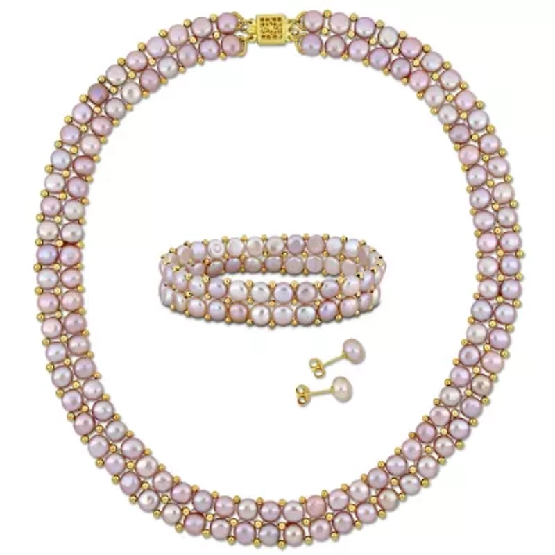 3-Pcs Set of 6-8MM Pink Freshwater Culuted Pearl Double Strand Necklace, Bracelet and Stud Earrings in Yellow Plated Sterling Silver