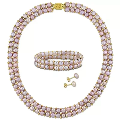 3-Pcs Set of 6-8MM Pink Freshwater Culuted Pearl Double Strand Necklace, Bracelet and Stud Earrings in Yellow Plated Sterling Silver