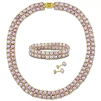 3-Pcs Set of 6-8MM Pink Freshwater Culuted Pearl Double Strand Necklace, Bracelet and Stud Earrings in Yellow Plated Sterling Silver