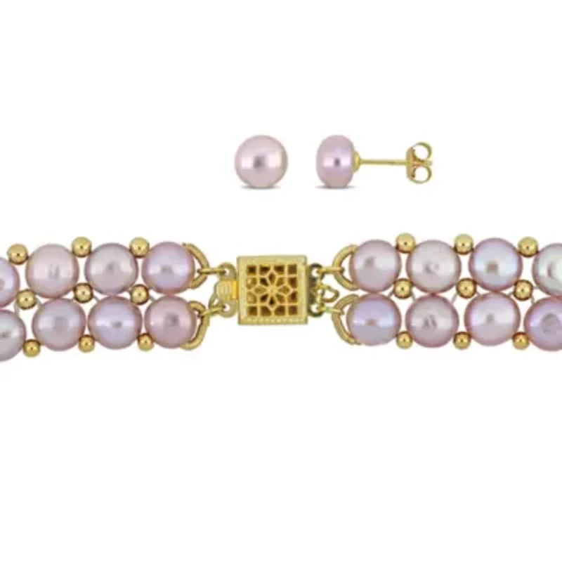 3-Pcs Set of 6-8MM Pink Freshwater Culuted Pearl Double Strand Necklace, Bracelet and Stud Earrings in Yellow Plated Sterling Silver