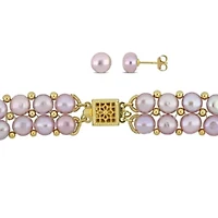 3-Pcs Set of 6-8MM Pink Freshwater Culuted Pearl Double Strand Necklace, Bracelet and Stud Earrings in Yellow Plated Sterling Silver